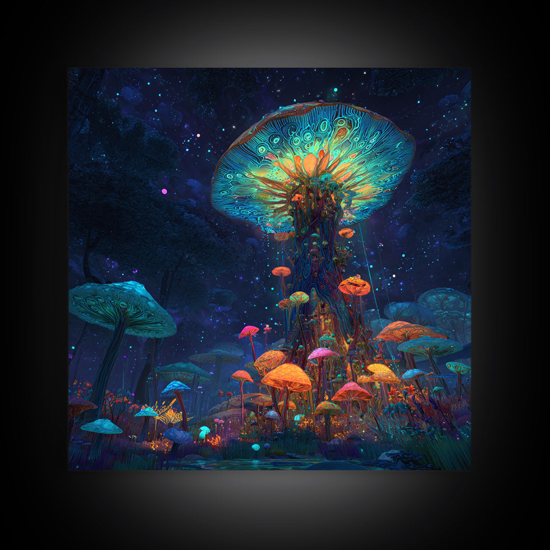 Enchanted Bioluminescent Mushroom Forest Wall Art, Vibrant Fantasy Landscape Canvas Print, Whimsical Nature Home Decor