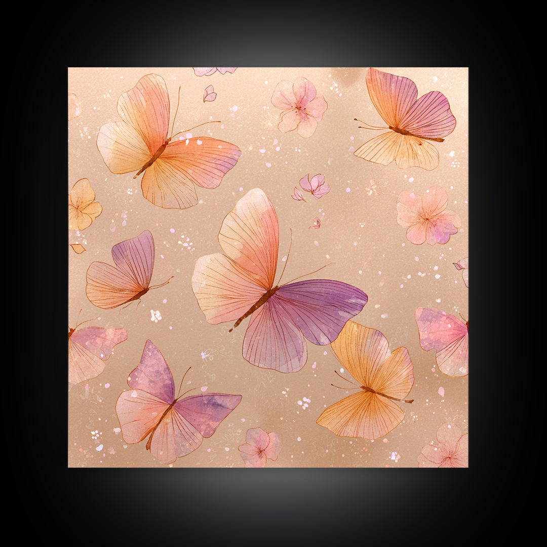 Pink Orange Butterfly Garden Wall Art, Whimsical Floral Canvas Print, Feminine Nursery Decor, Cute Girls Room Art, Gift For Her