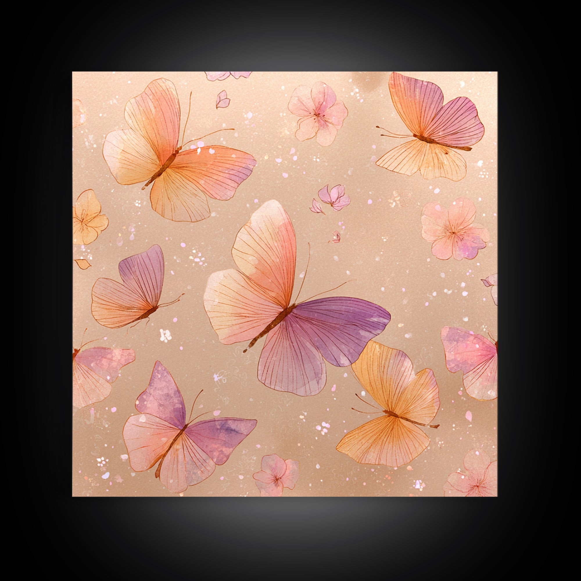 Pink Orange Butterfly Garden Wall Art, Whimsical Floral Canvas Print, Feminine Nursery Decor, Cute Girls Room Art, Gift For Her