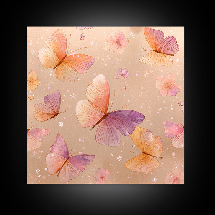 Pink Orange Butterfly Garden Wall Art, Whimsical Floral Canvas Print, Feminine Nursery Decor, Cute Girls Room Art, Gift For Her
