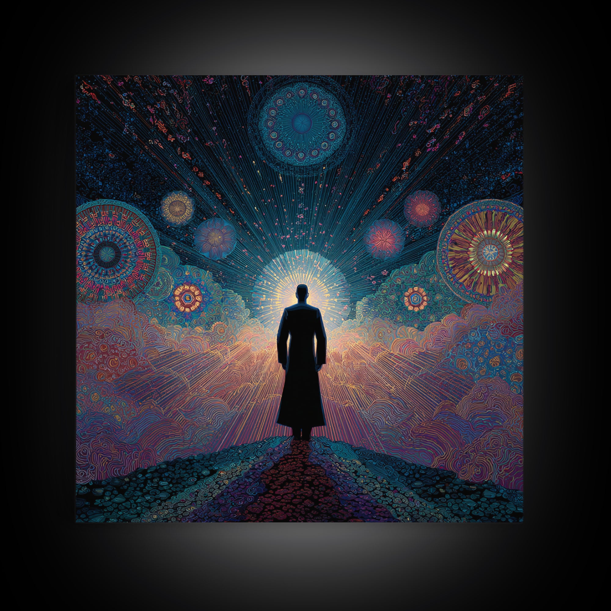 Mystical Figure Under Cosmic Sky Wall Art, Psychedelic Galaxy Path Print, Spiritual Visionary Surreal Art Canvas Print