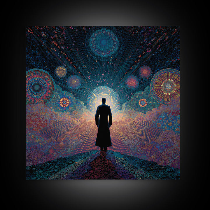 Mystical Figure Under Cosmic Sky Wall Art, Psychedelic Galaxy Path Print, Spiritual Visionary Surreal Art Canvas Print