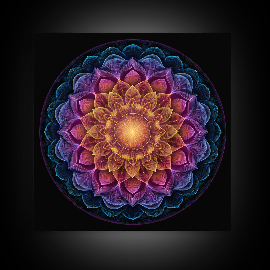Rainbow Lotus Mandala Abstract Wall Art, Colorful Sacred Geometry Canvas Print, Boho Meditation Room Decor Spiritual Art