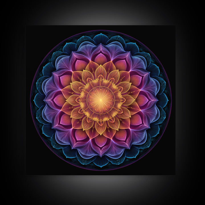 Rainbow Lotus Mandala Abstract Wall Art, Colorful Sacred Geometry Canvas Print, Boho Meditation Room Decor Spiritual Art