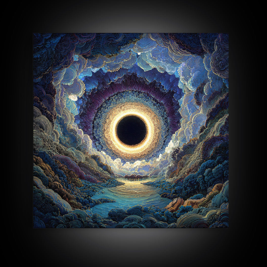 Mystic Solar Eclipse Over Blue Valley Framed Canvas Print, Celestial Landscape Wall Art, Moody Fantasy Home Decor For Bedroom