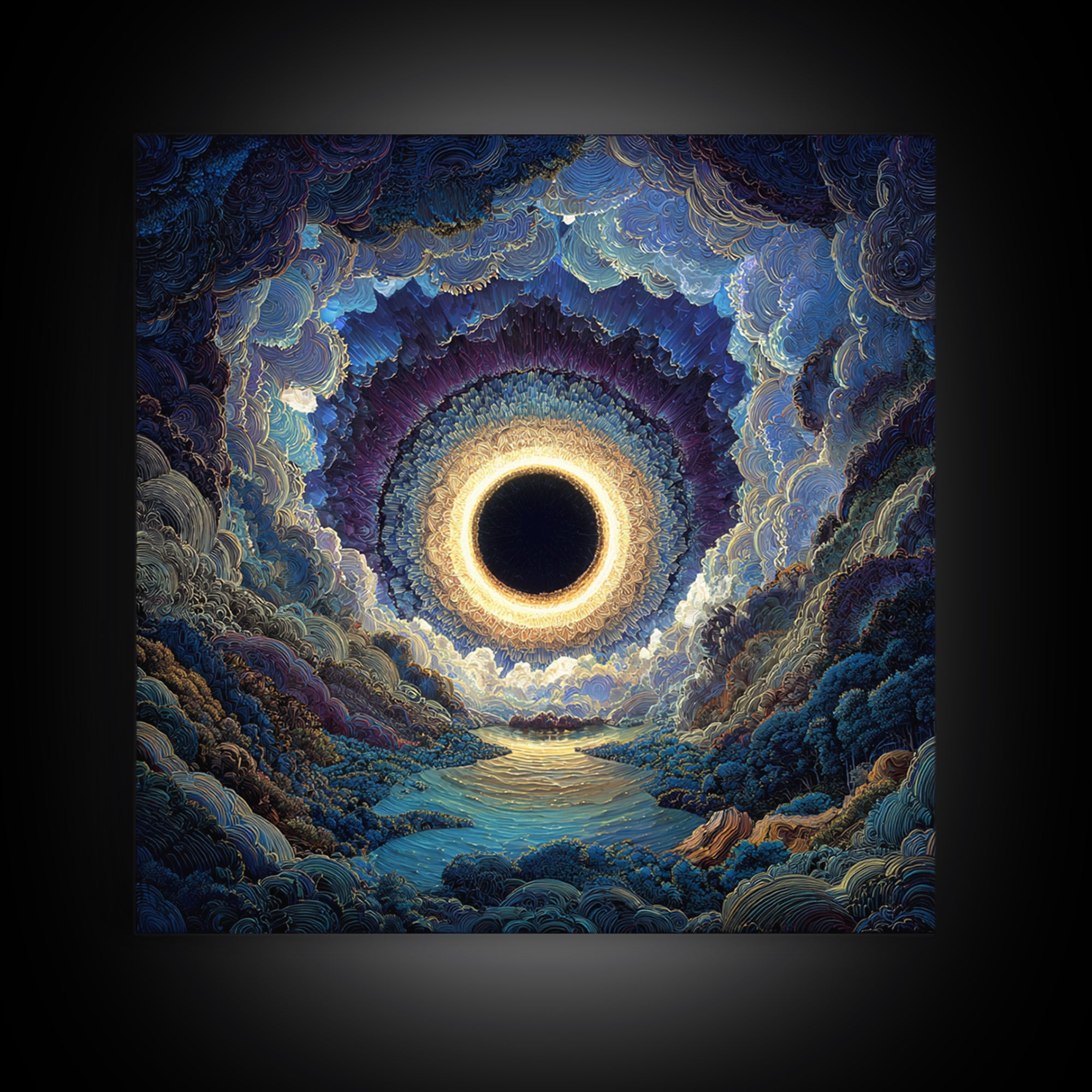 Mystic Solar Eclipse Over Blue Valley Framed Canvas Print, Celestial Landscape Wall Art, Moody Fantasy Home Decor For Bedroom