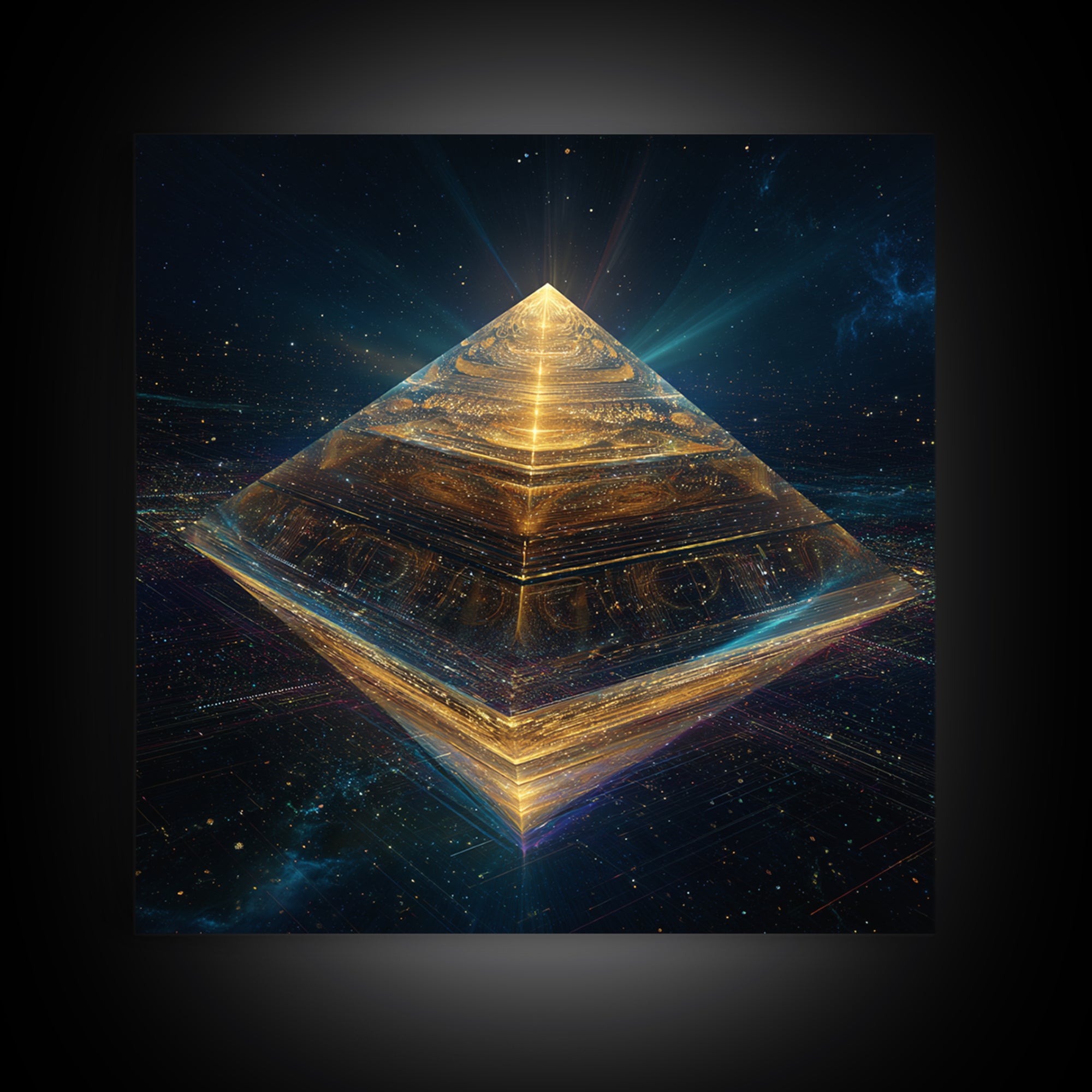 Golden Futuristic Pyramid In Galaxy Surreal Space Wall Art, Cosmic Sci Fi Home Decor, Modern Canvas Print