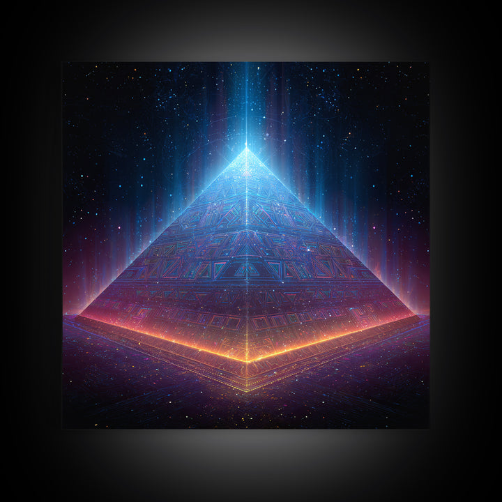 Luminous Pyramid In Space Wall Art, Futuristic Cosmic Landscape Canvas Print, Sci Fi Galaxy Decor For Gaming Or Media Room