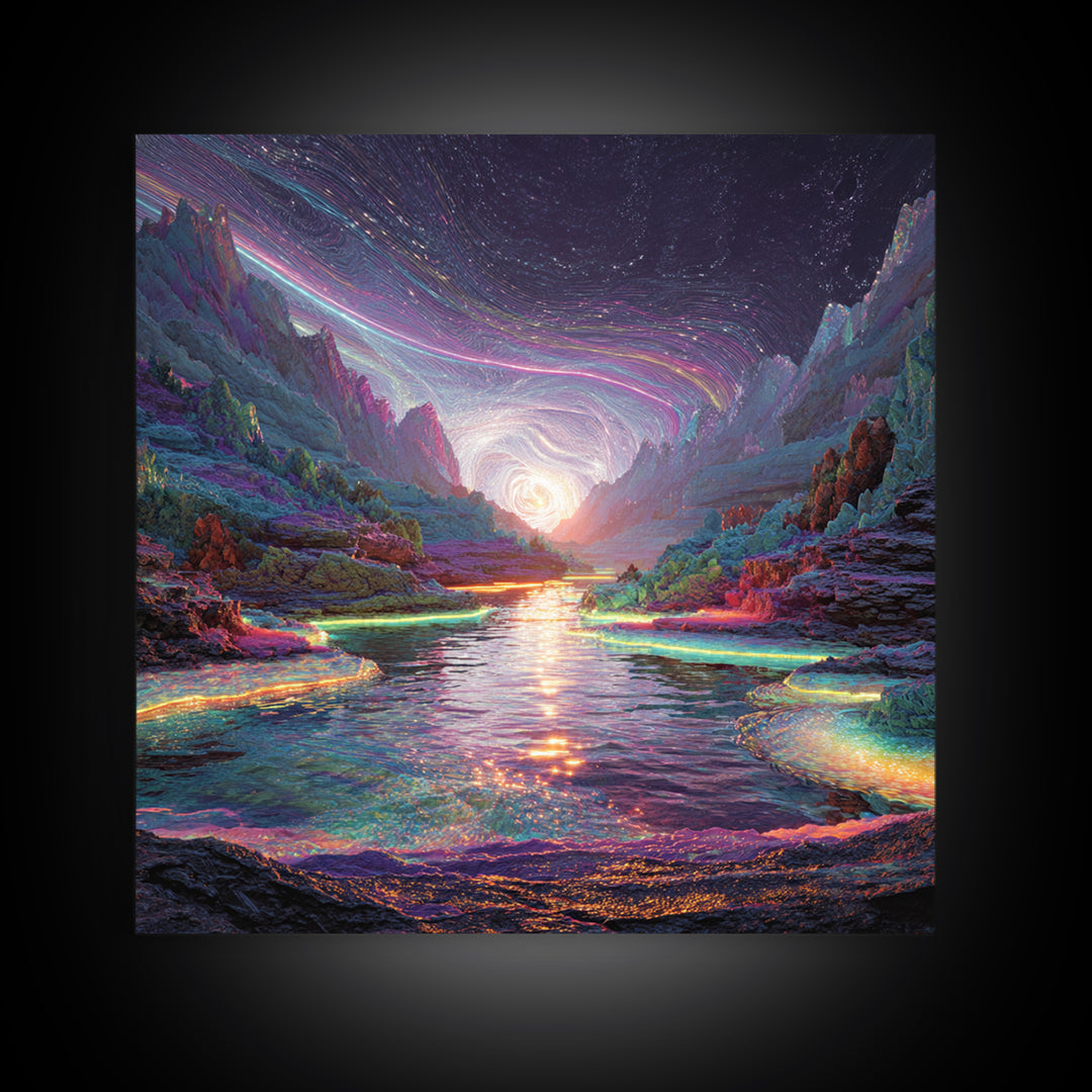 Psychedelic Cosmic River Landscape Wall Art, Vibrant Fantasy Canvas Print, Abstract Landscape Art For Modern Home Decor