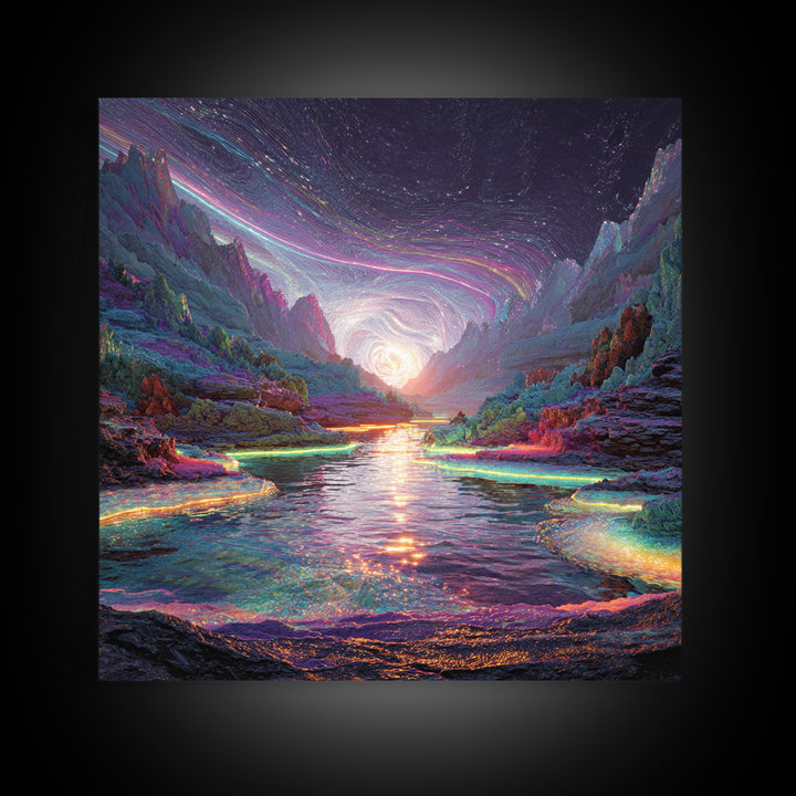 Psychedelic Cosmic River Landscape Wall Art, Vibrant Fantasy Canvas Print, Abstract Landscape Art For Modern Home Decor