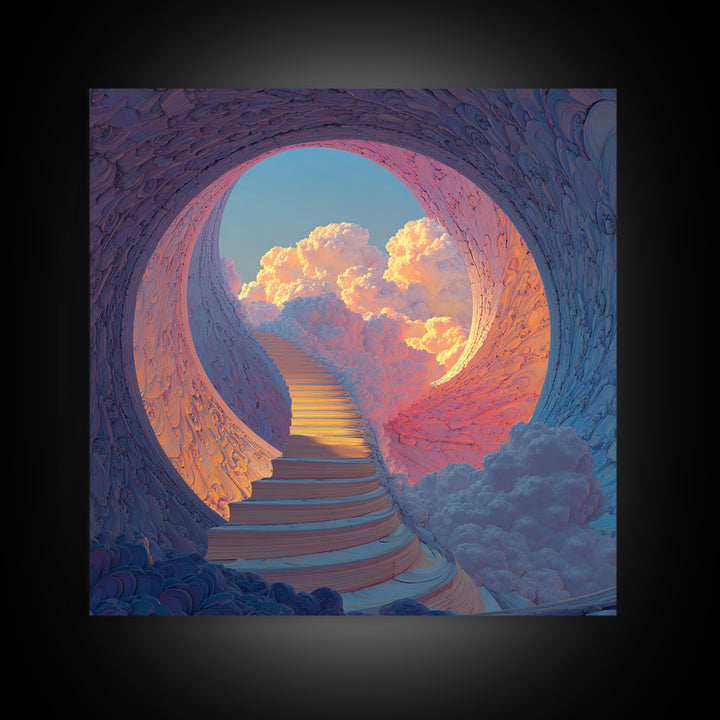 Heavenly Stairway To Clouds Wall Art, Dreamy Fantasy Landscape Canvas Print, Calming Surreal Art For Bedroom Decor