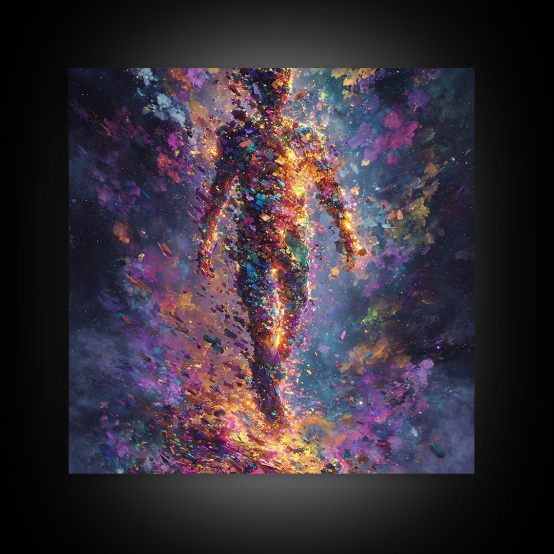 Cosmic Figure Explosion Wall Art, Colorful Abstract Galaxy Human Silhouette, Modern Surreal Canvas Print For Living Room