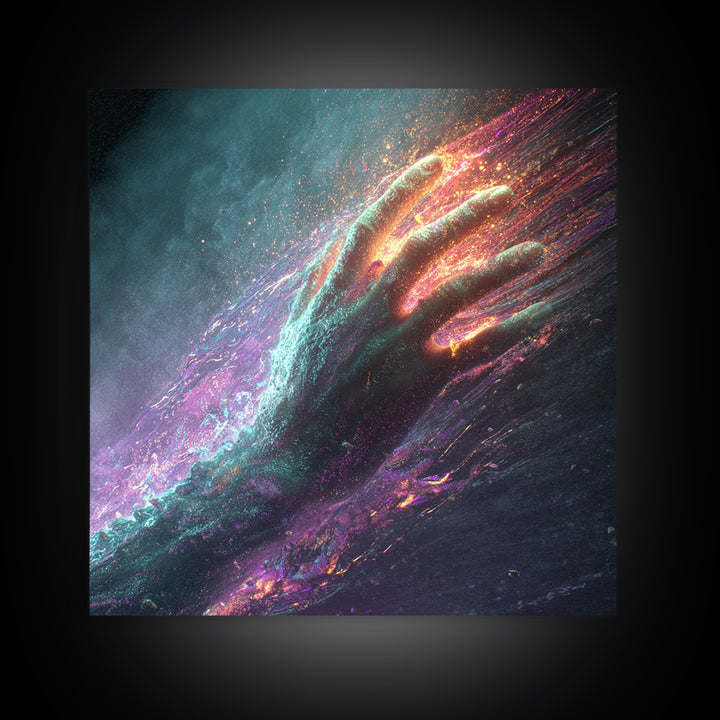 Abstract Cosmic Hand Reaching Wall Art, Surreal Galaxy Canvas Print, Modern Statement Artwork For Living Room Or Office