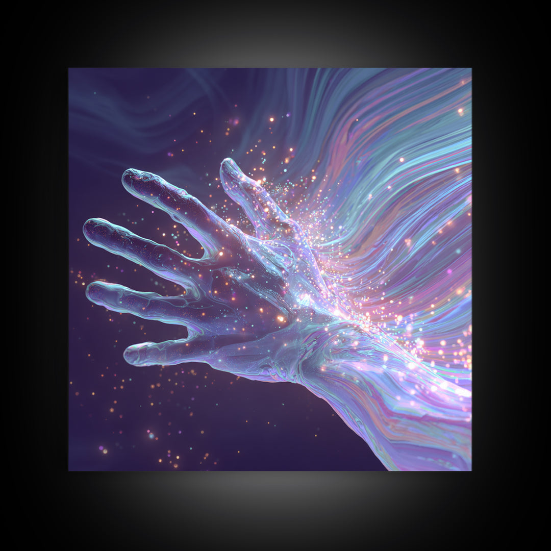 Iridescent Hand With Sparkles Surreal Wall Art, Futuristic Abstract Canvas Print For Modern Office Decor And Gamer Room