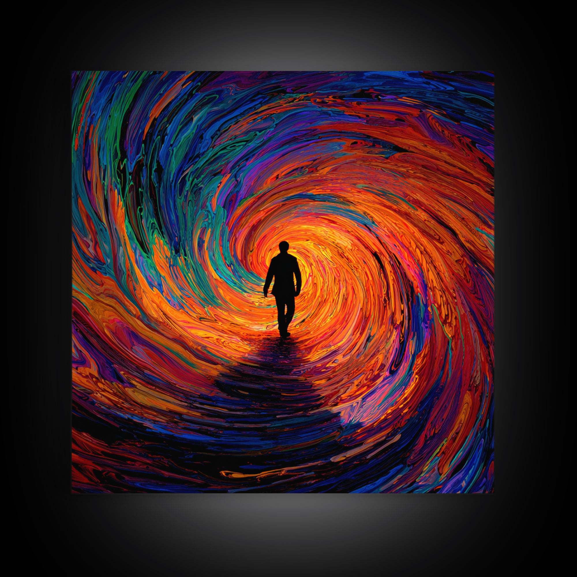 Man Walking Into Vortex Abstract Wall Art, Colorful Surreal Tunnel Painting, Modern Abstract Art Print, Statement Canvas Print