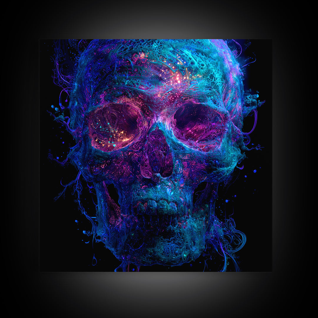 Neon Cosmic Skull Wall Art, Psychedelic Galaxy Bones Canvas Print, Dark Surreal Abstract Art For Gaming Room Or Modern Home Decor