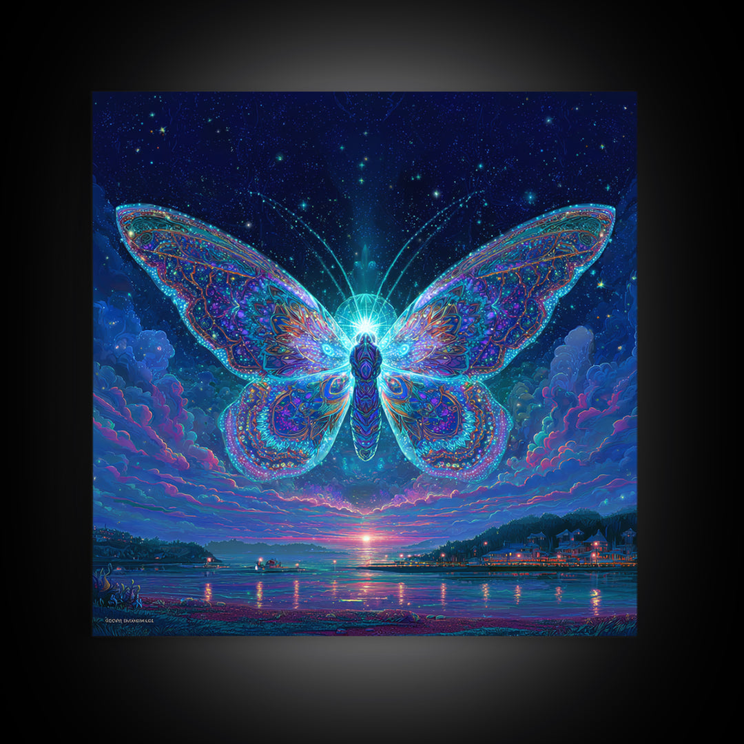 Cosmic Butterfly Over Water Wall Art, Psychedelic Celestial Canvas Print, Fantasy Night Sky Home Decor