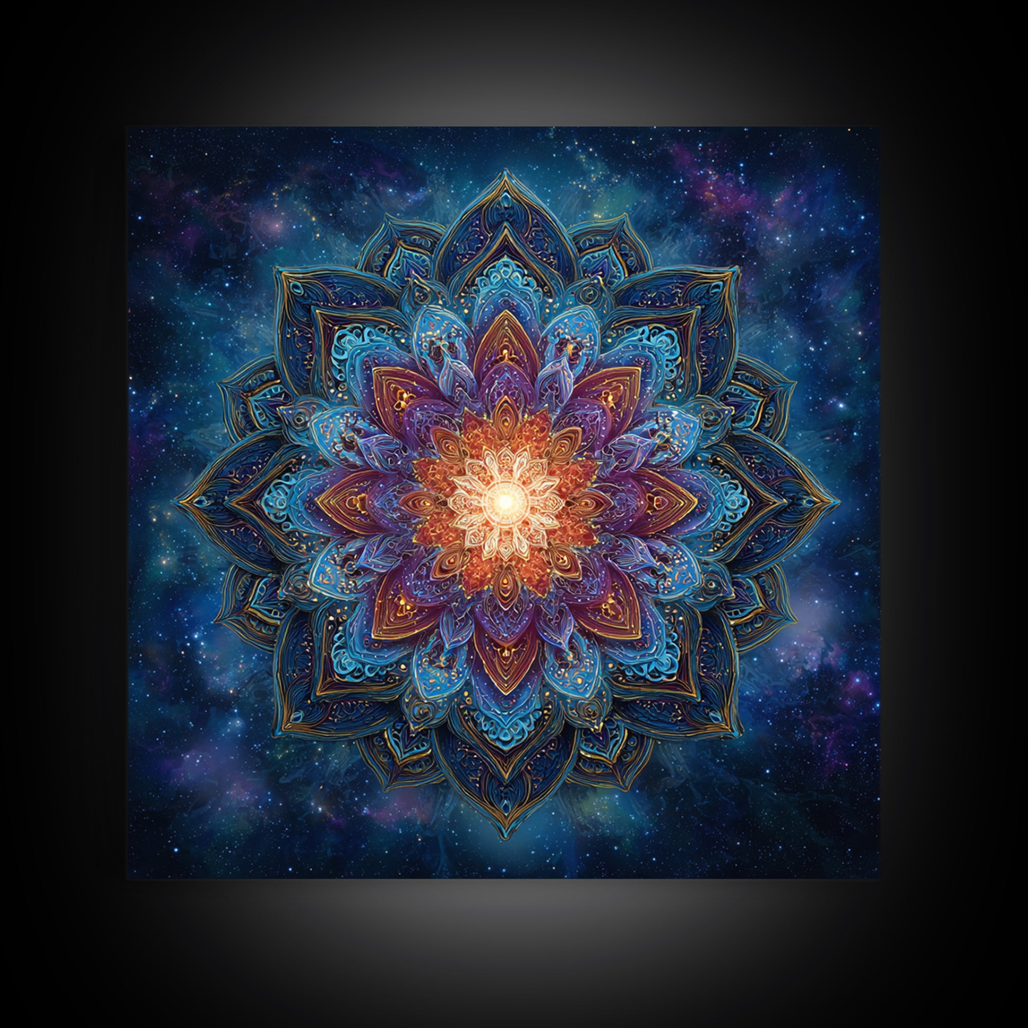 Cosmic Lotus Mandala Galaxy Wall Art, Celestial Spiritual Canvas Print, Mystic Meditation Room Decor Colorful Abstract Art