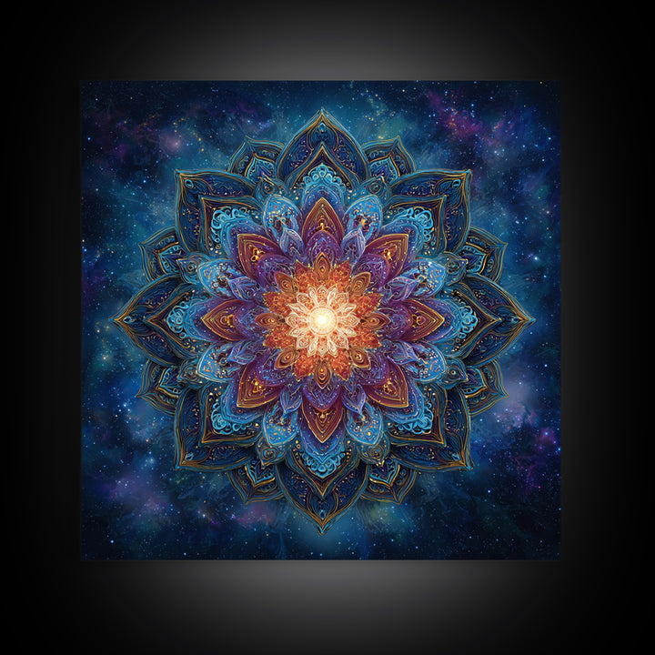 Cosmic Lotus Mandala Galaxy Wall Art, Celestial Spiritual Canvas Print, Mystic Meditation Room Decor Colorful Abstract Art