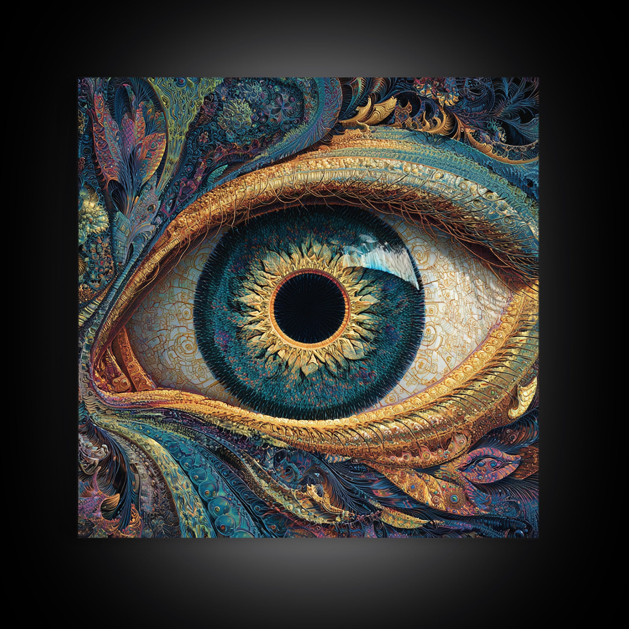 Surreal Golden Eye With Intricate Abstract Patterns Wall Art, Mystical Fantasy Canvas Print For Modern Home Decor