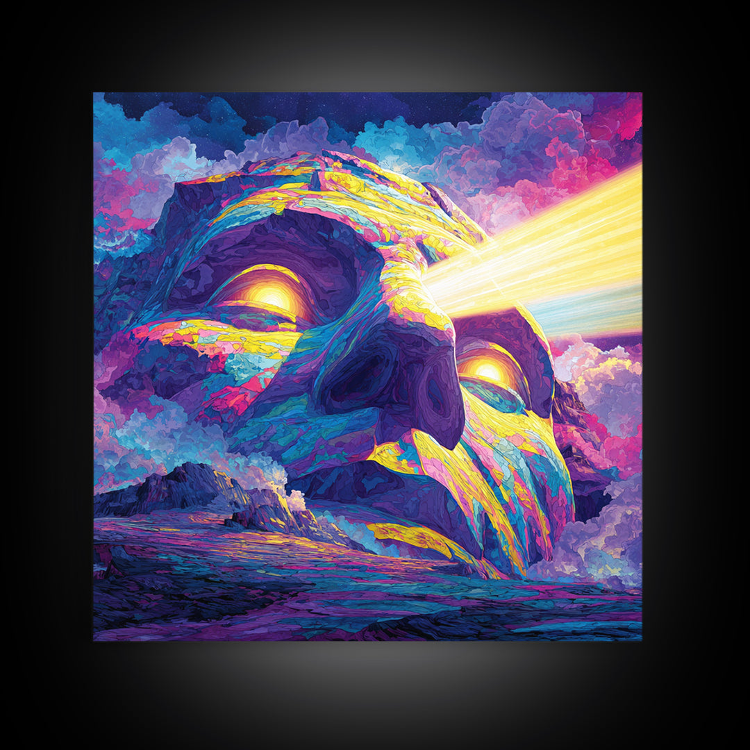 Psychedelic Mountain Face With Cosmic Light Wall Art, Trippy Surreal Landscape Home Decor, Colorful Canvas Print