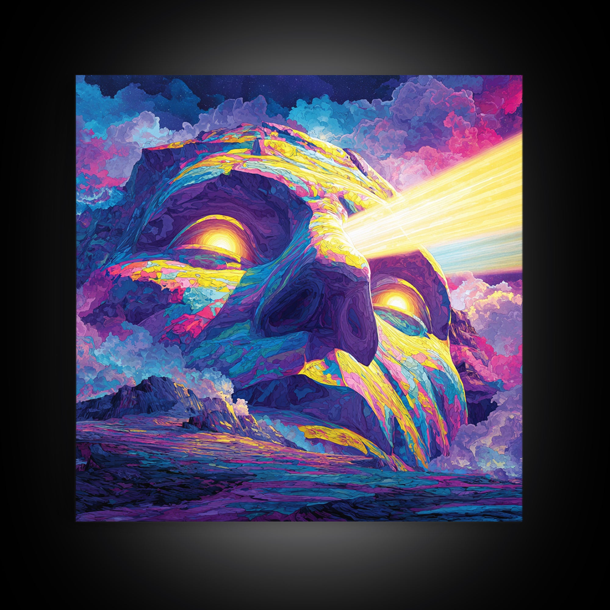Psychedelic Mountain Face With Cosmic Light Wall Art, Trippy Surreal Landscape Home Decor, Colorful Canvas Print