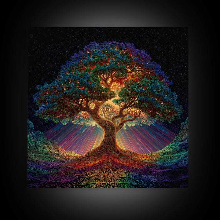 Rainbow Tree Of Life Under Starry Sky Psychedelic Landscape Wall Art Canvas Print Boho Spiritual Home Decor