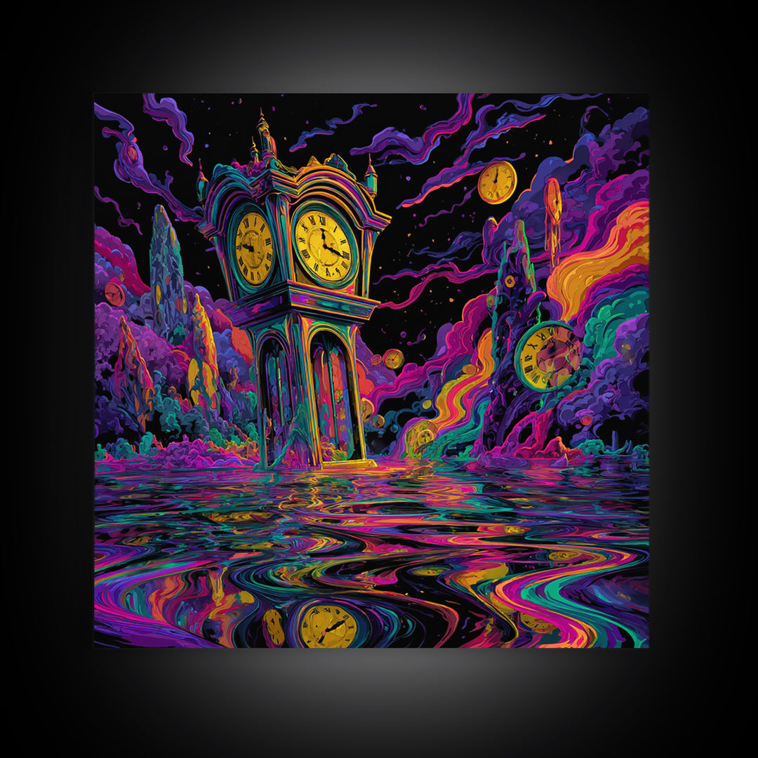 Surreal Neon Clock Dreamscape Wall Art, Psychedelic Abstract Landscape Canvas Print, Colorful Trippy Home Decor