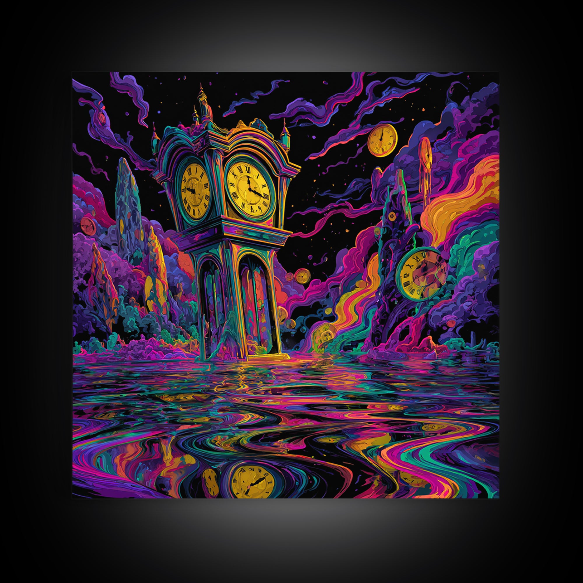 Surreal Neon Clock Dreamscape Wall Art, Psychedelic Abstract Landscape Canvas Print, Colorful Trippy Home Decor