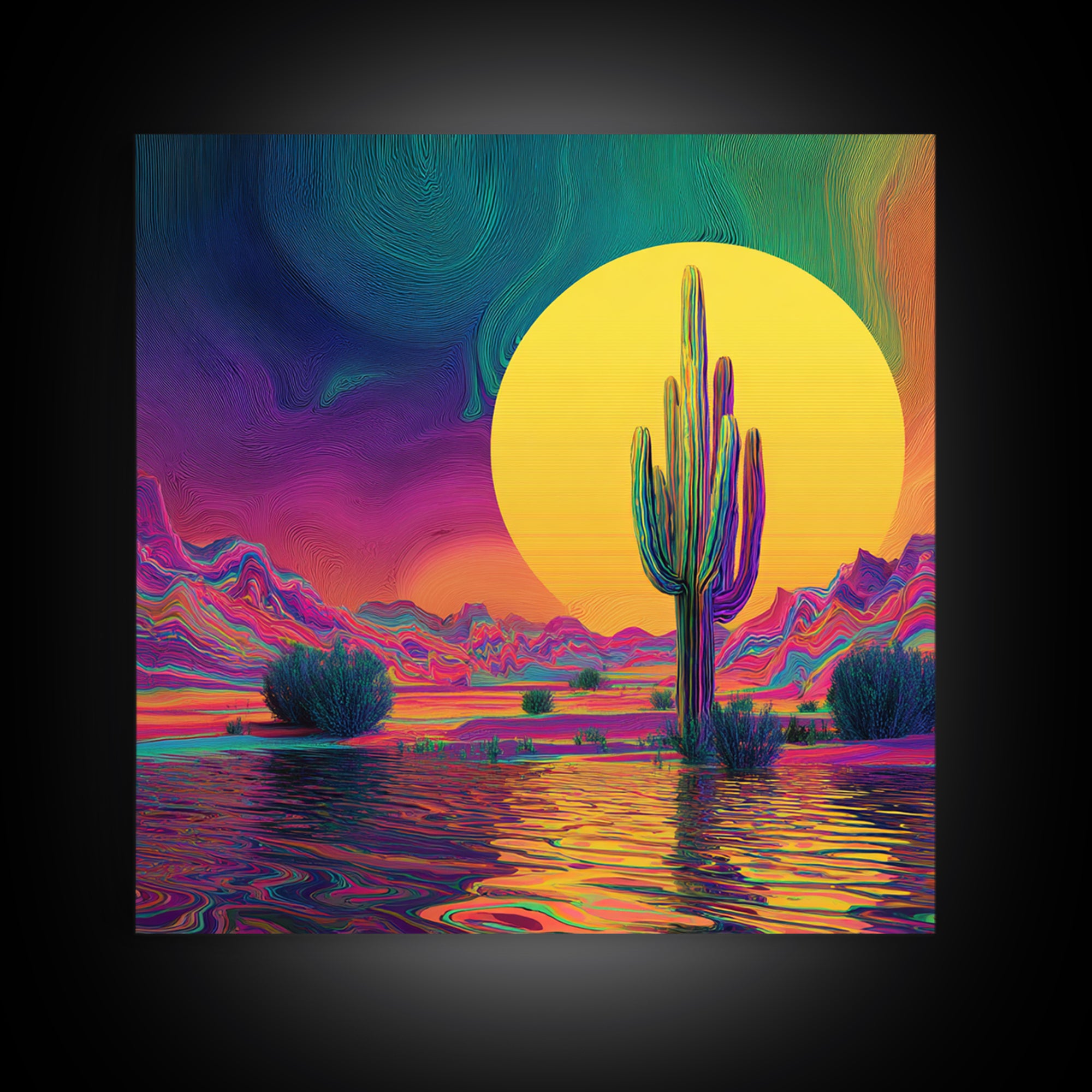 Psychedelic Desert Cactus Wall Art, Vibrant Sunset Landscape Canvas Print, Colorful Boho Western Home Decor