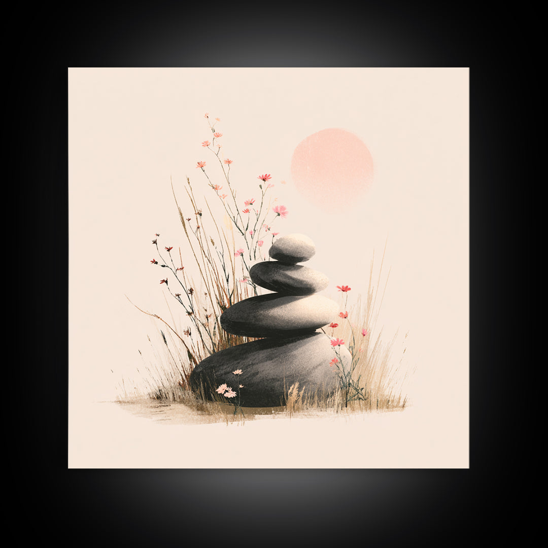 Zen Stacked Stones And Wildflowers Wall Art, Minimalist Meditation Canvas Print, Japandi Spa Decor, Calming Gift For Her