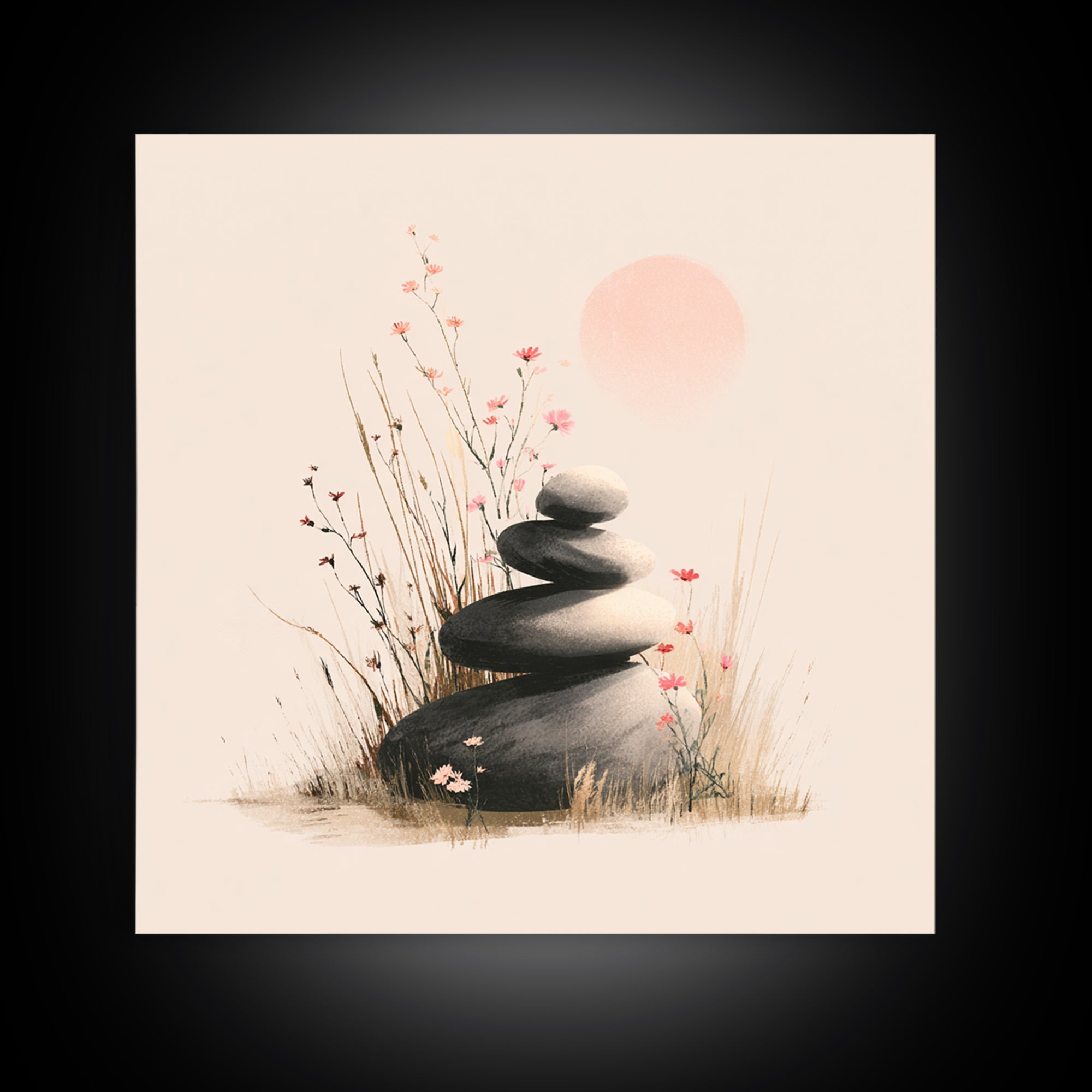 Zen Stacked Stones And Wildflowers Wall Art, Minimalist Meditation Canvas Print, Japandi Spa Decor, Calming Gift For Her