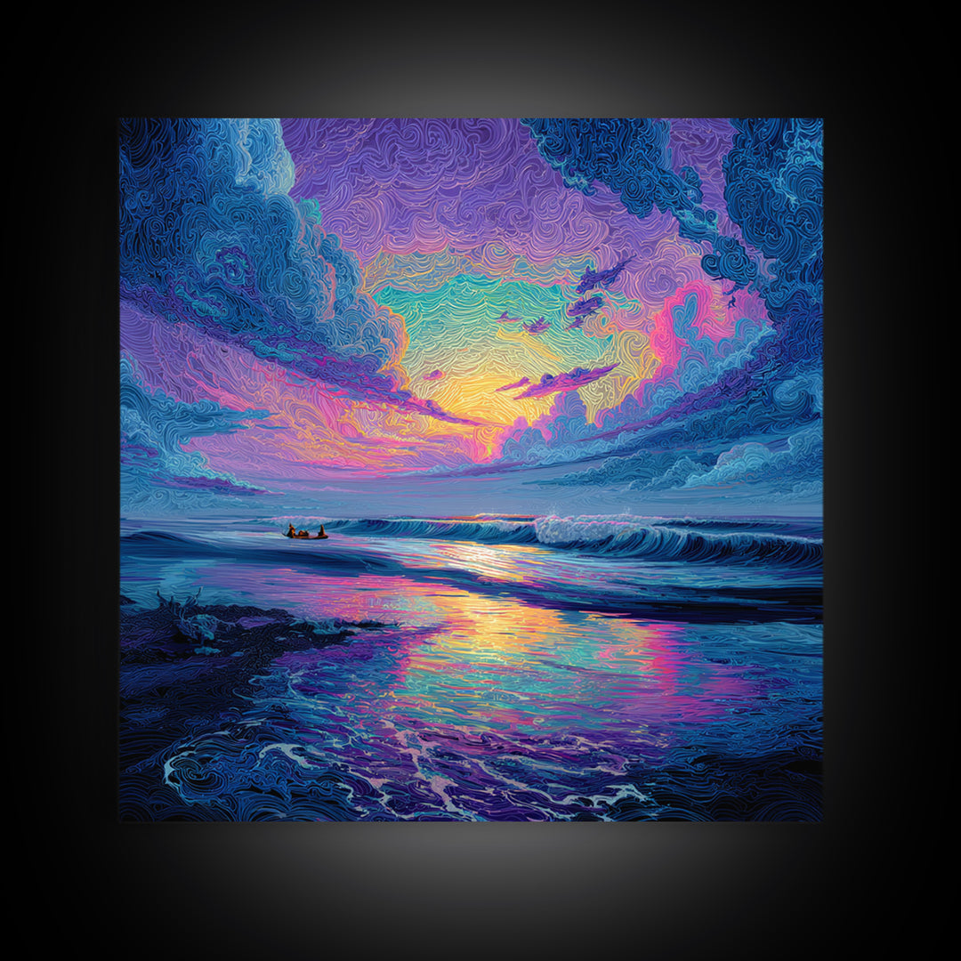 Psychedelic Ocean Sunset Waves Colorful Wall Art Print, Abstract Seascape Painting, Modern Coastal Home Decor Wall Art