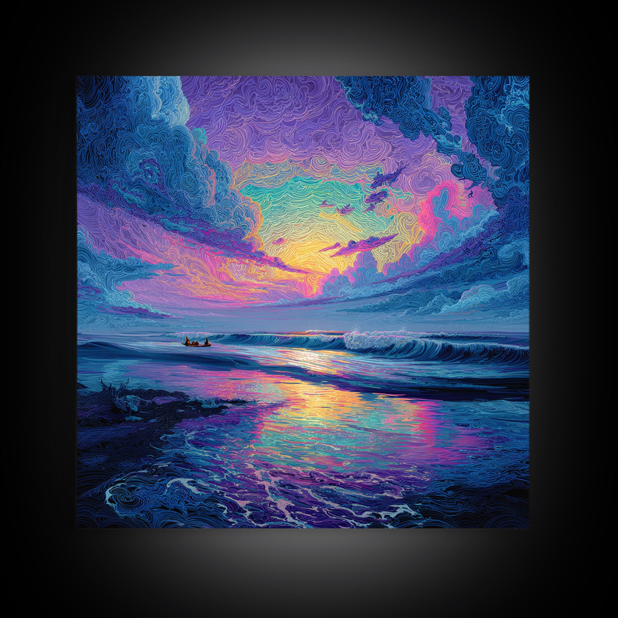 Psychedelic Ocean Sunset Waves Colorful Wall Art Print, Abstract Seascape Painting, Modern Coastal Home Decor Wall Art