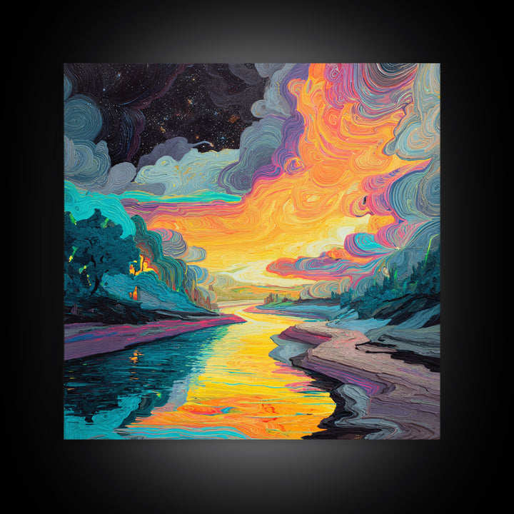 Psychedelic River Sunset Wall Art, Colorful Abstract Landscape Painting, Modern Boho Home Decor, Living Room Canvas Print
