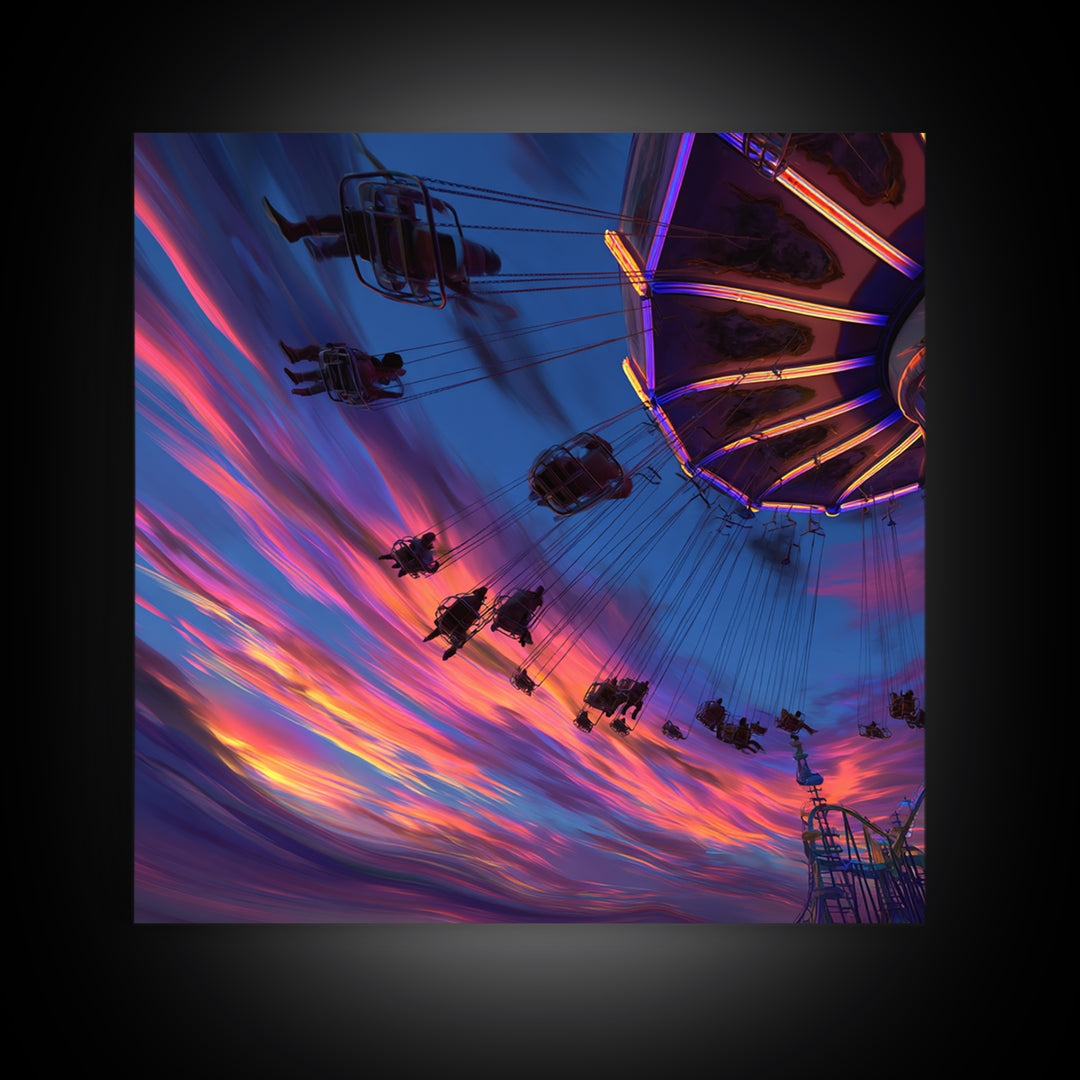 Dynamic Amusement Park Swing Ride Sunset Scene Vibrant Abstract Wall Art Framed Canvas Print For Living Room