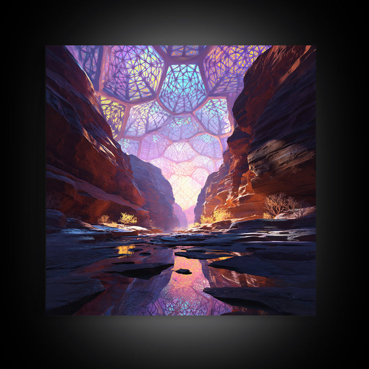 Surreal Canyon With Stained Glass Sky Wall Art, Colorful Fantasy Landscape Canvas Print, Unique Home Decor