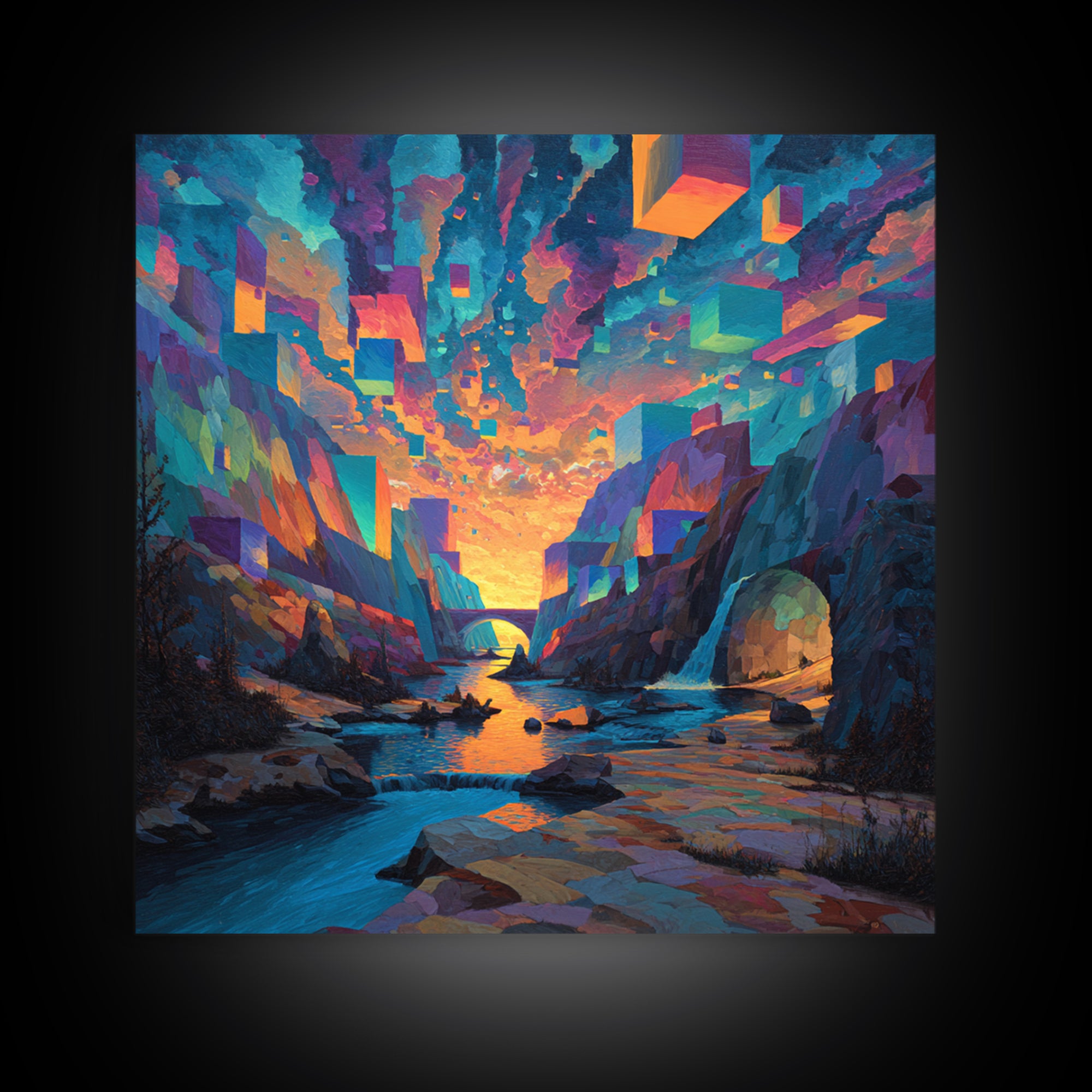 Surreal Canyon With Floating Cubes Canvas Print, Colorful Abstract Landscape Wall Art, Fantasy Home Decor, Modern Art Gift