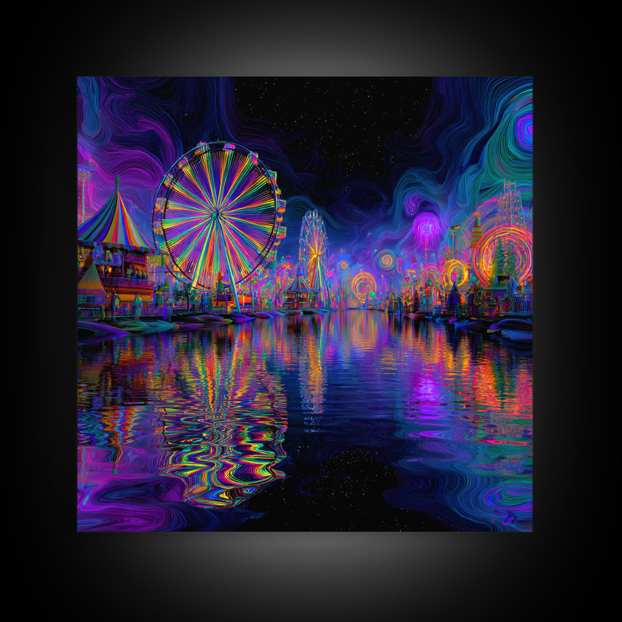 Neon Carnival At Night Abstract Wall Art, Psychedelic Ferris Wheel Canvas Print, Colorful Dopamine Decor Gaming Room Art