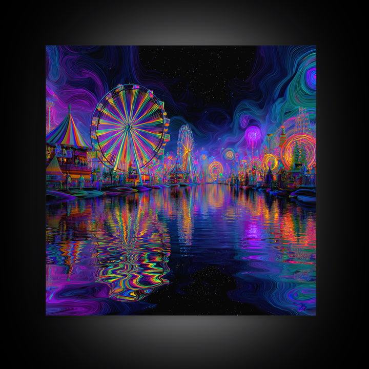 Neon Carnival At Night Abstract Wall Art, Psychedelic Ferris Wheel Canvas Print, Colorful Dopamine Decor Gaming Room Art