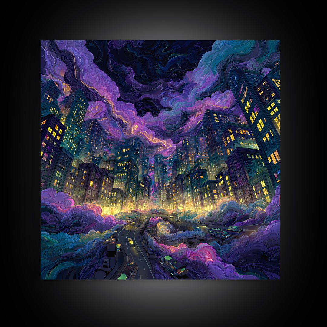 Neon Cityscape Night Sky Wall Art Colorful Futuristic Skyline Canvas Print Gaming Room Decor Sci Fi Wall Art