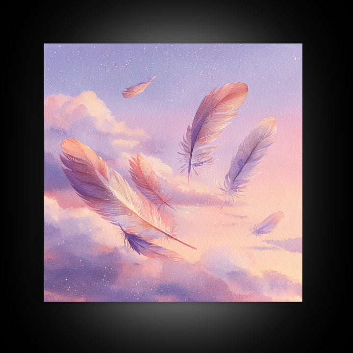Floating Pink Feathers Wall Art, Dreamy Celestial Canvas Print, Pastel Cloud Decor, Whimsical Nursery Bedroom Gift For Her
