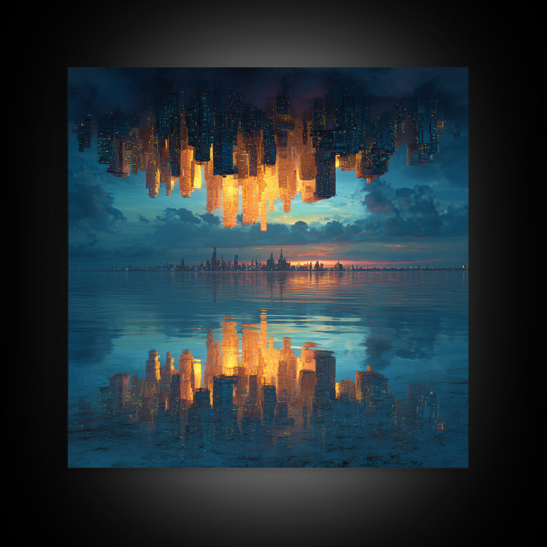Upside Down Skyline Reflected On Water Wall Art, Surreal Cityscape Canvas Print, Modern Urban Decor For Living Room And Office