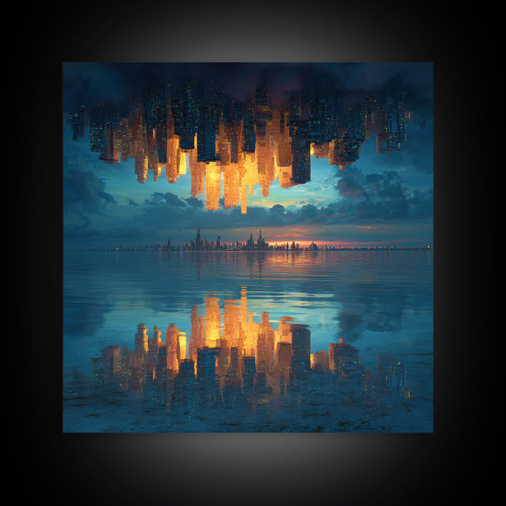 Upside Down Skyline Reflected On Water Wall Art, Surreal Cityscape Canvas Print, Modern Urban Decor For Living Room And Office