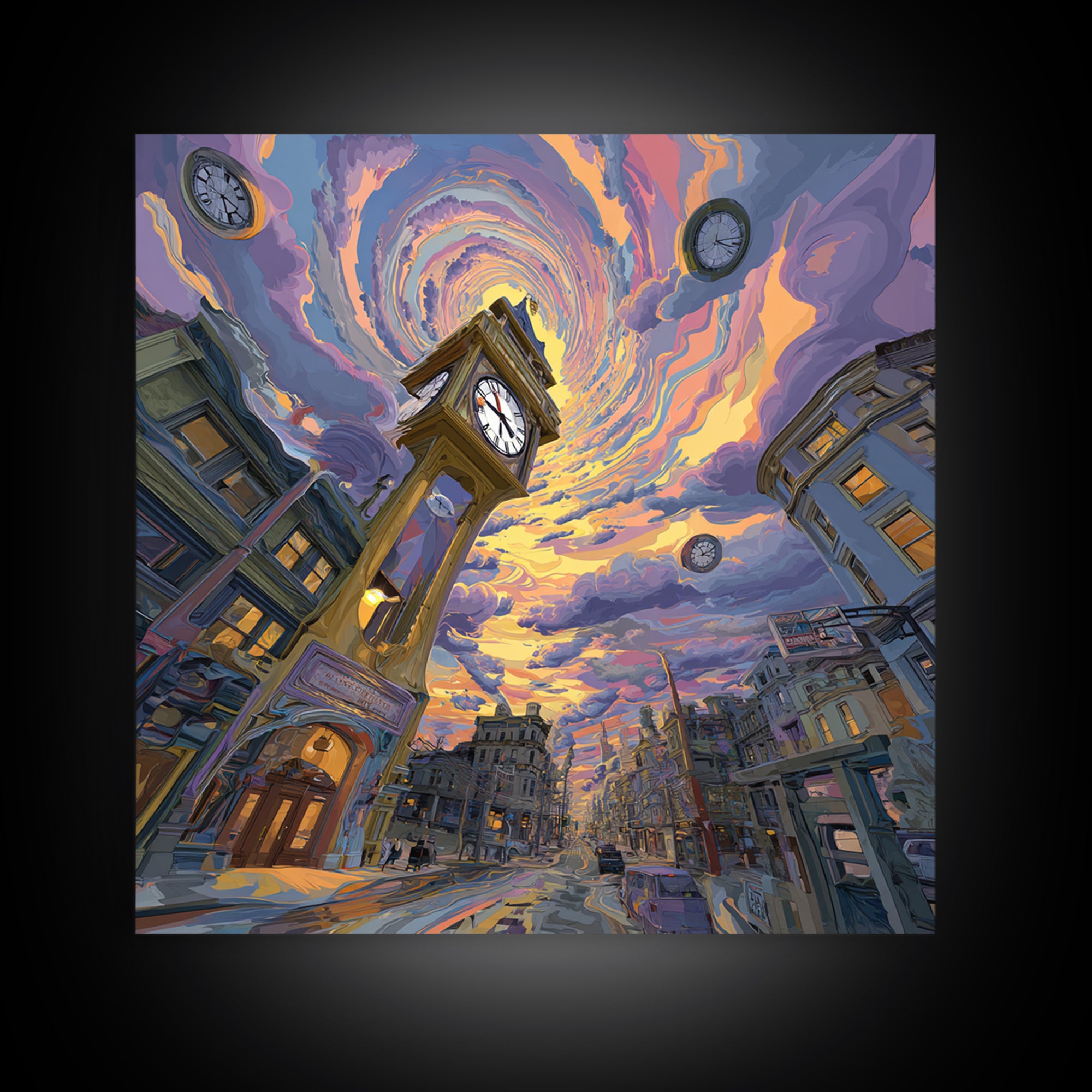 Surreal Cityscape With Clock Tower And Swirling Sky At Sunset Wall Art Framed Canvas Print For Home Decor