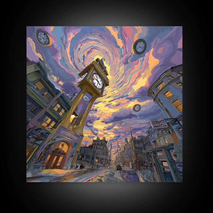 Surreal Cityscape With Clock Tower And Swirling Sky At Sunset Wall Art Framed Canvas Print For Home Decor