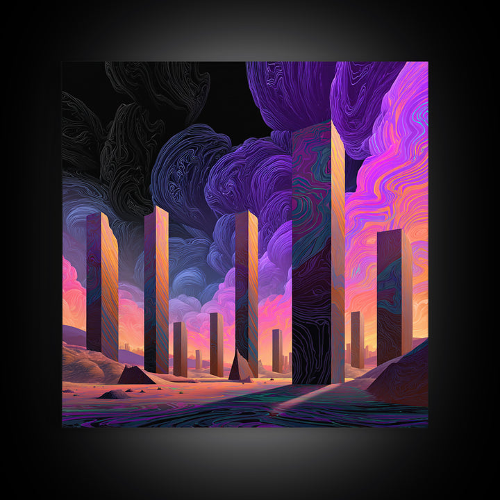 Neon Desert Monoliths Under Purple Sky Canvas Print, Futuristic Landscape Wall Art, Sci Fi Abstract Decor For Modern Home