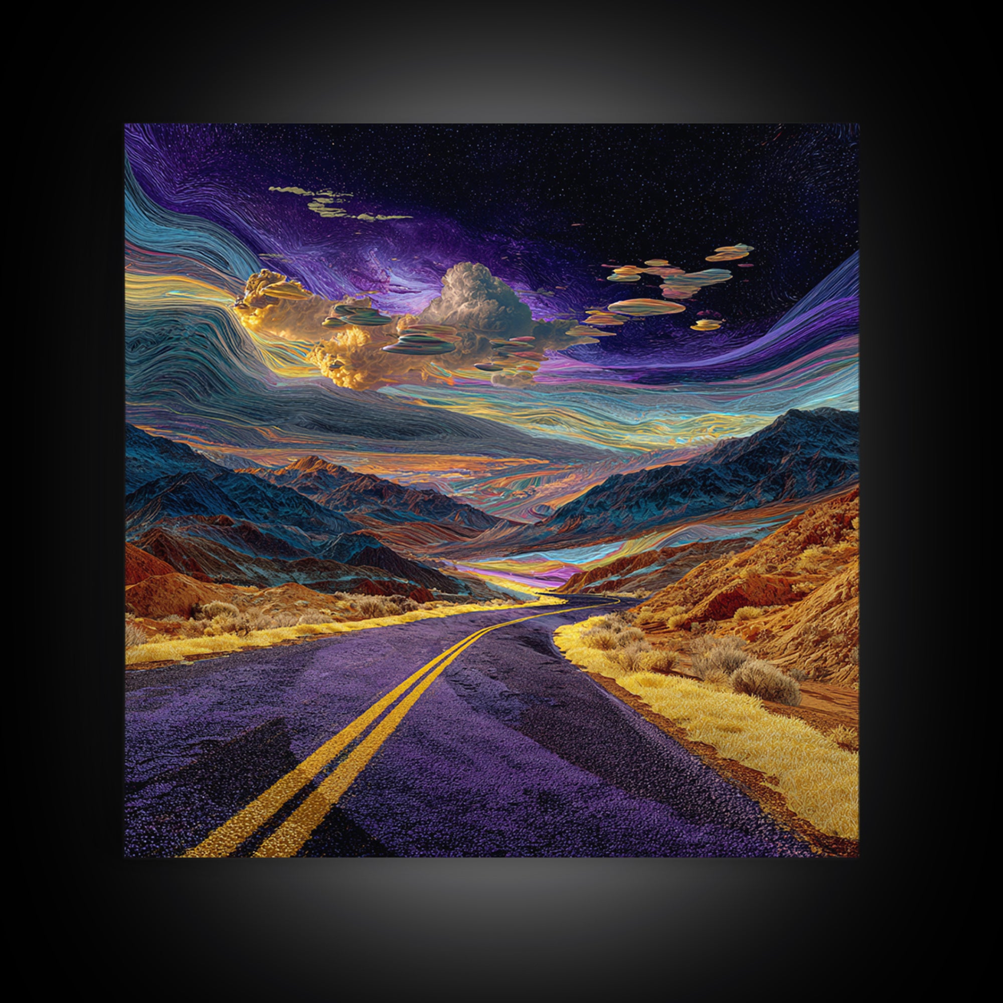 Cosmic Desert Highway Under Swirling Galaxy Sky Wall Art, Surreal Colorful Landscape Canvas Print, Modern Decor