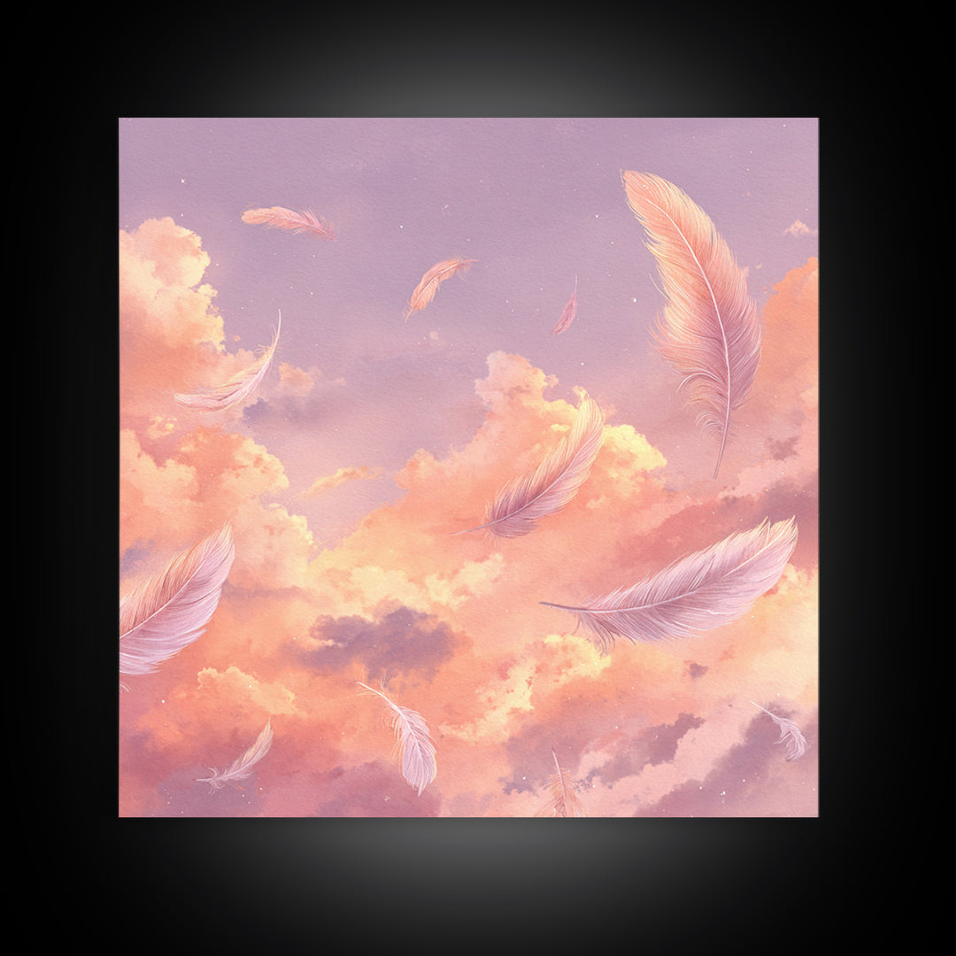 Pink Feather Sky Canvas Print, Dreamy Cloud Wall Decor, Celestial Nursery Art, Soft Pastel Bedroom Decor Gift For Her Art Print