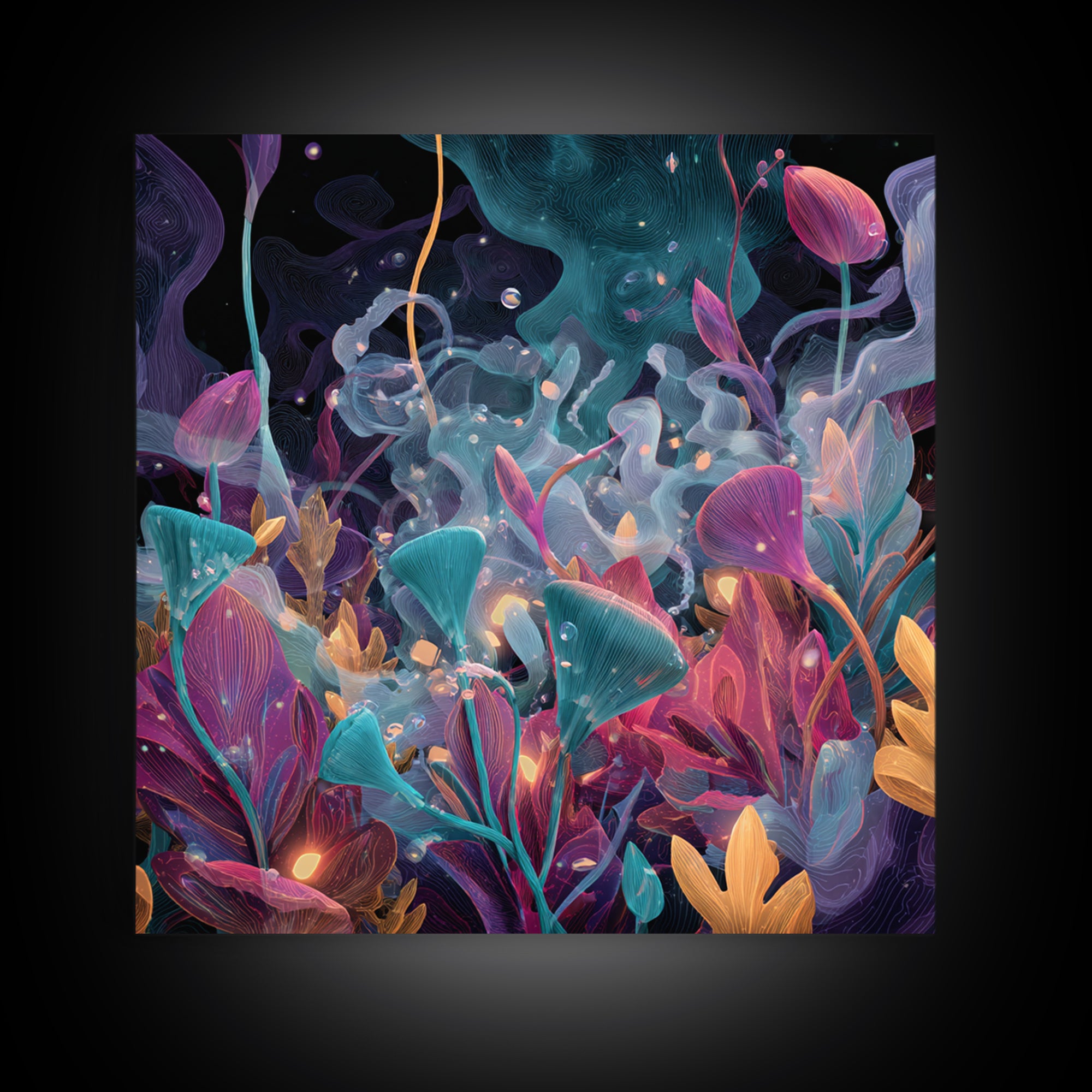 Glowing Alien Garden With Teal And Magenta Flowers Canvas Print, Psychedelic Botanical Wall Art, Whimsical Room Decor Gift
